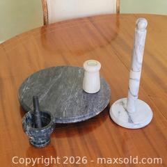 MaxSold Auction: Kitchen Stone Countertop Set – Marble Paper Towel Holder, Salt Shaker, Mortar & Pestle + Stone Lazy Susan - Stow (Massachusetts, USA) SELLER MANAGED Downsizing Online Auction - Great Road