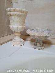 MaxSold Auction: Pair Alabaster Pedestal Bowls / Urn Containers – Decorative Stone Vessels  - Stow (Massachusetts, USA) SELLER MANAGED Downsizing Online Auction - Great Road