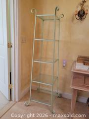 MaxSold Auction: Pair Painted Steel & Glass Étagères / Shelving Units – Scroll Top  - Stow (Massachusetts, USA) SELLER MANAGED Downsizing Online Auction - Great Road
