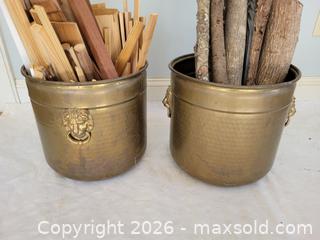 MaxSold Auction: Pair Vintage Solid Brass Lion Head Ring Handle Buckets / Cachepots – Planters or Fireplace Coal Hod - Stow (Massachusetts, USA) SELLER MANAGED Downsizing Online Auction - Great Road