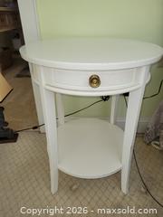 MaxSold Auction: Pair White Round Nightstands w/ Drawer & Shelf – Brass Knob  - Stow (Massachusetts, USA) SELLER MANAGED Downsizing Online Auction - Great Rd.
