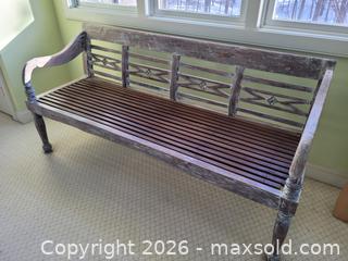 MaxSold Auction: Teak Whitewashed Indoor Bench – Slatted Seat & Decorative Back - Stow (Massachusetts, USA) SELLER MANAGED Downsizing Online Auction - Great Road