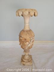 MaxSold Auction: Vintage Carved Alabaster/Stone Pedestal Urn – Leaf Rim & Relief Details - Stow (Massachusetts, USA) SELLER MANAGED Downsizing Online Auction - Great Road