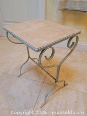 MaxSold Auction: Wrought Iron Side Table w/ Travertine Marble Top – Scroll Base - Stow (Massachusetts, USA) SELLER MANAGED Downsizing Online Auction - Great Road