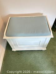 MaxSold Auction: White Wood Storage Bench with Light Blue Cushioned Top - Houston (Texas, USA) SELLER MANAGED Downsizing Online Auction - Coleridge Street