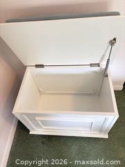 MaxSold Auction: White Wood Storage Bench with Light Blue Cushioned Top - Houston (Texas, USA) SELLER MANAGED Downsizing Online Auction - Coleridge Street