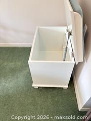 MaxSold Auction: White Wood Storage Bench with Light Blue Cushioned Top - Houston (Texas, USA) SELLER MANAGED Downsizing Online Auction - Coleridge Street