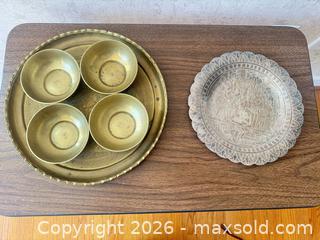 MaxSold Auction: Brass Serving Tray with 4 Matching Bowls & Engraved Egyptian Plate - Cary (North Carolina, USA) PARTNER MANAGED Downsizing Online Auction - Magerton Court