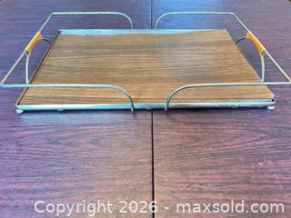 MaxSold Auction: Mid-Century Modern Serving Tray, Metal Frame & Wood Veneer Top - Cary (North Carolina, USA) PARTNER MANAGED Downsizing Online Auction - Magerton Court