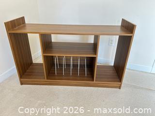 MaxSold Auction: Modern Brown Woodgrain Laminate Console Table with Metal Dividers - Cary (North Carolina, USA) PARTNER MANAGED Downsizing Online Auction - Magerton Court