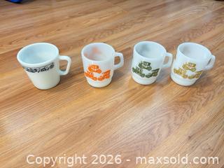 MaxSold Auction: Fire-King Milk Glass Mugs with Vintage Car & Floral Band (Set of 4) - Smiths Falls (Ontario, Canada) SELLER MANAGED Downsizing Online Auction - Salmon Side Road