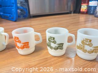MaxSold Auction: Fire-King Milk Glass Mugs with Vintage Car & Floral Band (Set of 4) - Smiths Falls (Ontario, Canada) SELLER MANAGED Downsizing Online Auction - Salmon Side Road