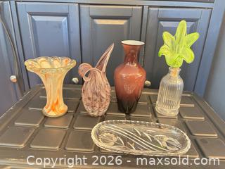 MaxSold Auction: Hand-Blown Art Glass Pitcher & Multiple Vases with Tray, 10–15 in - Smiths Falls (Ontario, Canada) SELLER MANAGED Downsizing Online Auction - Salmon Side Road