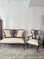 MaxSold Auction: Victorian Solid Wood Sofa & Armchair Set with Cream Floral Upholstery - Strathroy-Caradoc (Ontario, Canada) SELLER MANAGED Estate Sale Online Auction - Claire Court