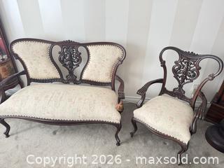 MaxSold Auction: Victorian Solid Wood Sofa & Armchair Set with Cream Floral Upholstery - Strathroy-Caradoc (Ontario, Canada) SELLER MANAGED Estate Sale Online Auction - Claire Court