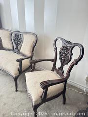 MaxSold Auction: Victorian Solid Wood Sofa & Armchair Set with Cream Floral Upholstery - Strathroy-Caradoc (Ontario, Canada) SELLER MANAGED Estate Sale Online Auction - Claire Court
