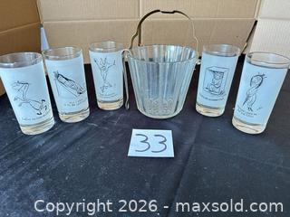 MaxSold Auction: W. Steig Signed Illustrated Highball Glasses with Ice Bucket - Novato (California, USA) SELLER MANAGED Estate Sale Online Auction - Nina Drive