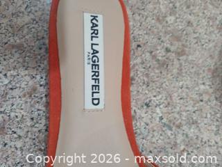 MaxSold Auction: Karl Lagerfeld Red/Coral Fabric Open-Toe Slip-On Heels US 7.5 - Las Vegas (Nevada, USA) PARTNER MANAGED Estate Sale Online Auction -  Argent Star Court