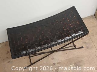 MaxSold Auction: Vintage Woven Leather Strap Seat Wrought Iron Folding Bench - Toronto (Ontario, Canada) PARTNER MANAGED Reseller Online Auction - Queen Street West.