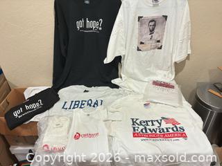 MaxSold Auction: Large Lot of Brand New Political T-Shirts: Left-Wing, Liberal, Democrat, Obama, Kerry/Edwards - San Jose (California, USA) SELLER MANAGED Downsizing Online Auction - Elm Street (CONDO)