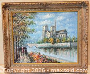 MaxSold Auction: Original & Vintage Signed & Framed Oil Painting on Canvas of the Notre Dame Cathedral in Paris with the Seine River in the Foreground - San Jose (California, USA) SELLER MANAGED Downsizing Online Auction - Elm Street (CONDO)