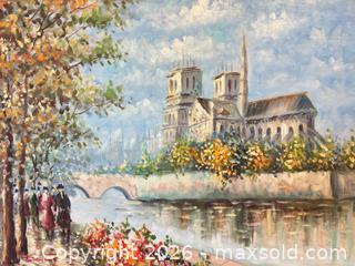 MaxSold Auction: Original & Vintage Signed & Framed Oil Painting on Canvas of the Notre Dame Cathedral in Paris with the Seine River in the Foreground - San Jose (California, USA) SELLER MANAGED Downsizing Online Auction - Elm Street (CONDO)