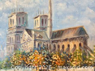 MaxSold Auction: Original & Vintage Signed & Framed Oil Painting on Canvas of the Notre Dame Cathedral in Paris with the Seine River in the Foreground - San Jose (California, USA) SELLER MANAGED Downsizing Online Auction - Elm Street (CONDO)