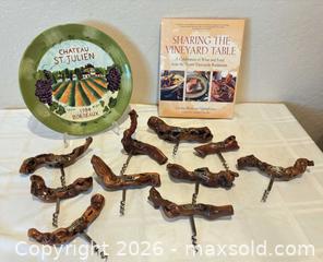 MaxSold Auction: Wine Lot: Ten Vintage French Burlwood Corkscrews, A Chateau St. Julien Wine Plate by Susan Winget, and New Wine Book Double-Signed by the Authors - San Jose (California, USA) SELLER MANAGED Downsizing Online Auction - Elm Street (CONDO)
