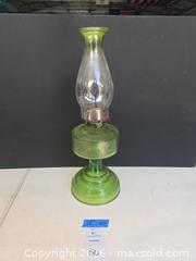 MaxSold Auction: Green Glass Oil/Kerosene Lamp, "Queen Heart" Style Fingerhold Lamp, 18 in - Lakeland (Florida, USA) PARTNER MANAGED Downsizing Online Auction - Shore Acres Drive