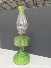 MaxSold Auction: Green Glass Oil/Kerosene Lamp, "Queen Heart" Style Fingerhold Lamp, 18 in - Lakeland (Florida, USA) PARTNER MANAGED Downsizing Online Auction - Shore Acres Drive