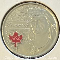 MaxSold Auction: 1812-2012 Cdn. Heroes of 1812: Colour Tecumseh 25 Cents  - Newmarket (Ontario, Canada) PARTNER MANAGED Reseller Online Auction - Walter Avenue