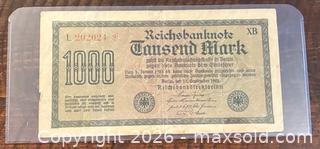 MaxSold Auction: 1922 Germany 1,000 Mark Reichs Paper Banknote  - Newmarket (Ontario, Canada) PARTNER MANAGED Reseller Online Auction - Walter Avenue