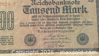 MaxSold Auction: 1922 Germany 1,000 Mark Reichs Paper Banknote  - Newmarket (Ontario, Canada) PARTNER MANAGED Reseller Online Auction - Walter Avenue