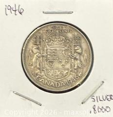 MaxSold Auction: 1946 Cdn. Silver King George VI 50 Cents  - Newmarket (Ontario, Canada) PARTNER MANAGED Reseller Online Auction - Walter Avenue