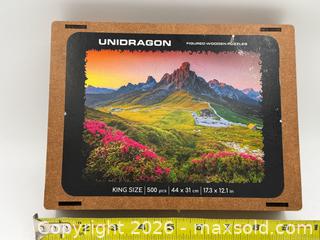 MaxSold Auction: Unidragon Wooden Jigsaw Puzzle featuring a mountain landscape - Menlo Park (California, USA) SELLER MANAGED Downsizing Online Auction - Henderson Place