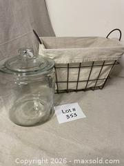 MaxSold Auction: Metal Wire Basket with Lining and Handles and Cookie Jar - East Fallowfield Township (Pennsylvania, USA) SELLER MANAGED Downsizing Online Auction - Mink Hollow Road