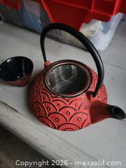MaxSold Auction: Cast Iron Chinese Teapot with Cup, Red and Black - Peachland (British Columbia, Canada) SELLER MANAGED Downsizing Online Auction - Princeton Avenue