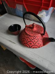 MaxSold Auction: Cast Iron Chinese Teapot with Cup, Red and Black - Peachland (British Columbia, Canada) SELLER MANAGED Downsizing Online Auction - Princeton Avenue