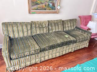 MaxSold Auction: Art Shoppe Mid-Century Velvet Sofa Couch in Green/Gold/Teal, 90" W - Toronto (Ontario, Canada) SELLER MANAGED Estate Sale Online Auction - Widdicombe Hill