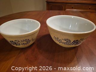 MaxSold Auction: Pyrex Milk Glass Mixing Bowl Set of 2 with Blue Floral Design - Toronto (Ontario, Canada) SELLER MANAGED Estate Sale Online Auction - Widdicombe Hill
