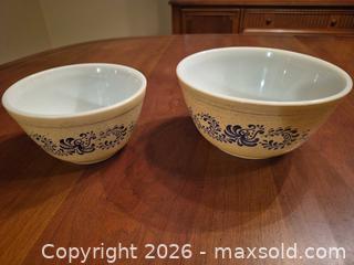 MaxSold Auction: Pyrex Milk Glass Mixing Bowl Set of 2 with Blue Floral Design - Toronto (Ontario, Canada) SELLER MANAGED Estate Sale Online Auction - Widdicombe Hill