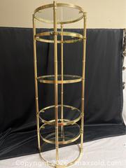 MaxSold Auction: 1970s Vintage Cylindrical Gold Brass Five Tier Étagère With Glass Shelves MCM - Campbell (California, USA) SELLER MANAGED Downsizing Online Auction - Dell Avenue
