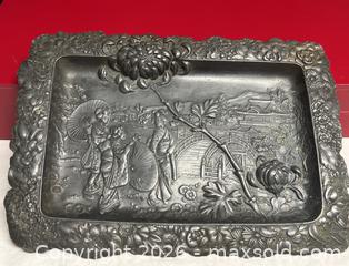 MaxSold Auction: Antique Japanese Metal Relief Tray – Geisha Scene with Chrysanthemum Motif - Campbell (California, USA) SELLER MANAGED Downsizing Online Auction - Dell Avenue