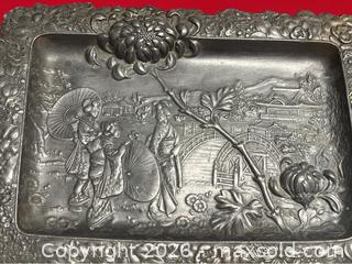 MaxSold Auction: Antique Japanese Metal Relief Tray – Geisha Scene with Chrysanthemum Motif - Campbell (California, USA) SELLER MANAGED Downsizing Online Auction - Dell Avenue