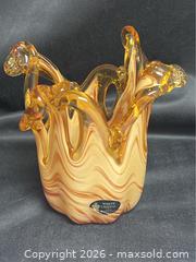 MaxSold Auction: Handblown Murano Glass Vase | Amber, White Swirls, MCM - Campbell (California, USA) SELLER MANAGED Downsizing Online Auction - Dell Avenue