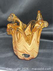 MaxSold Auction: Handblown Murano Glass Vase | Amber, White Swirls, MCM - Campbell (California, USA) SELLER MANAGED Downsizing Online Auction - Dell Avenue