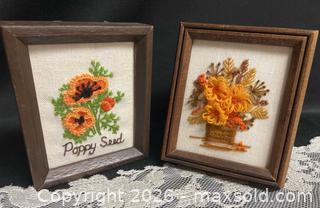 MaxSold Auction: Pair of Vintage Framed Floral Needlepoint / Crewel Embroidery Wall Art  Cottagecore - Campbell (California, USA) SELLER MANAGED Downsizing Online Auction - Dell Avenue