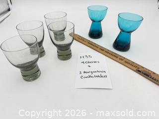 MaxSold Auction: Small Glasses and Pair of Morgantown Candleholders - Bremerton (Washington, USA) SELLER MANAGED Estate Sale Online Auction - Burwell