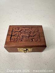 MaxSold Auction: Small Hand-Carved Wood Jewelry Box with Velvet Lining - San Jose (California, USA) SELLER MANAGED Downsizing Online Auction - East Humboldt Street