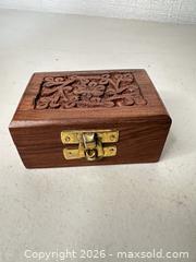 MaxSold Auction: Small Hand-Carved Wood Jewelry Box with Velvet Lining - San Jose (California, USA) SELLER MANAGED Downsizing Online Auction - East Humboldt Street